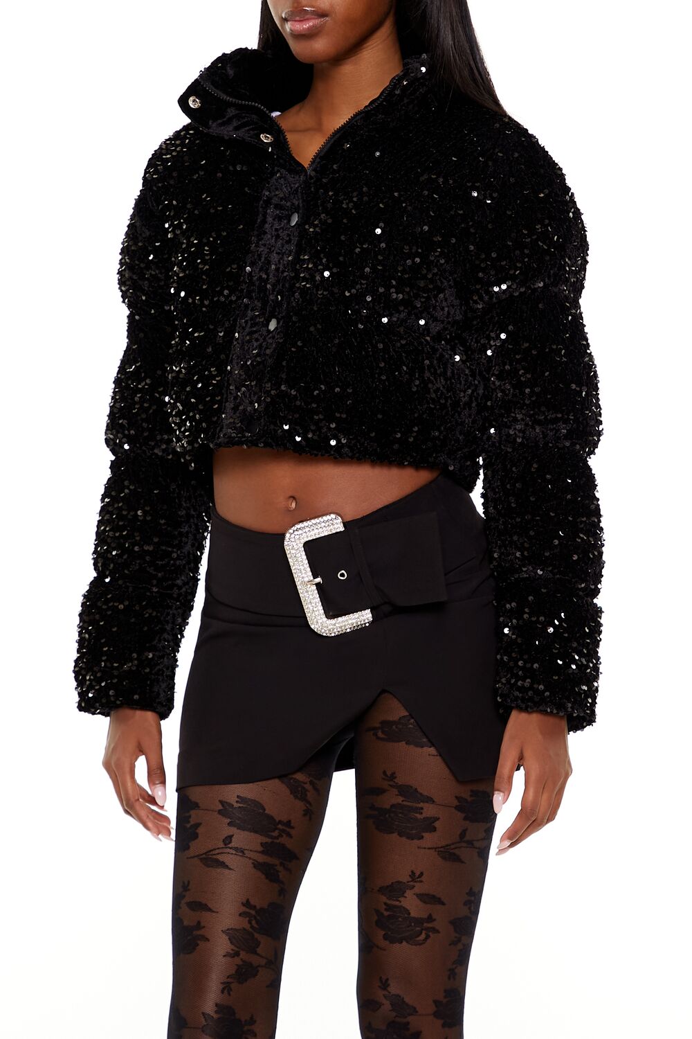 Sequin Faux Fur Puffer Jacket
