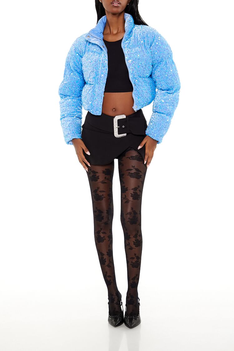 Sequin Faux Fur Puffer Jacket