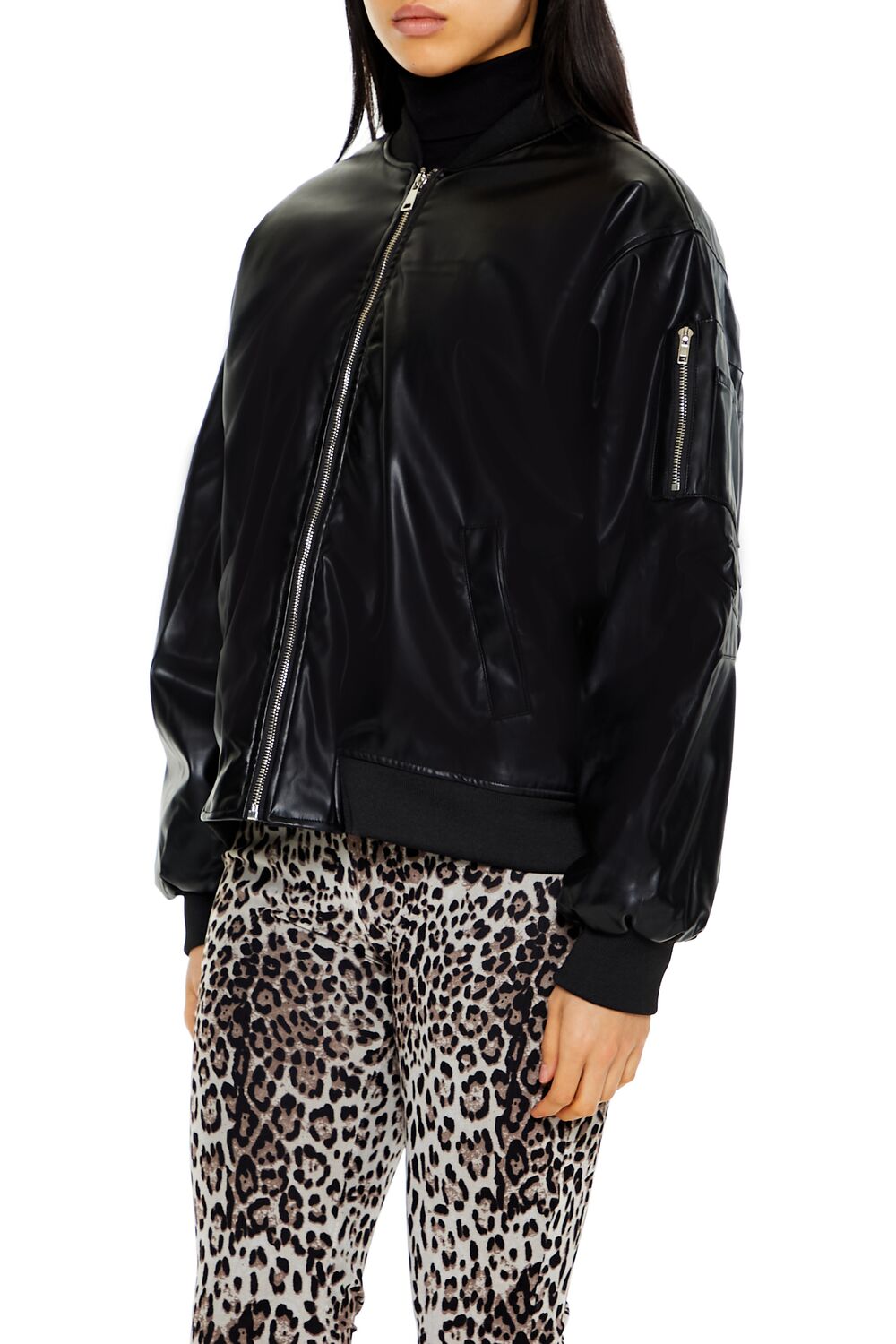Faux Leather Utility Bomber Jacket