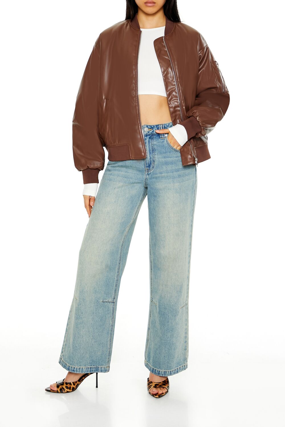 Faux Leather Utility Bomber Jacket