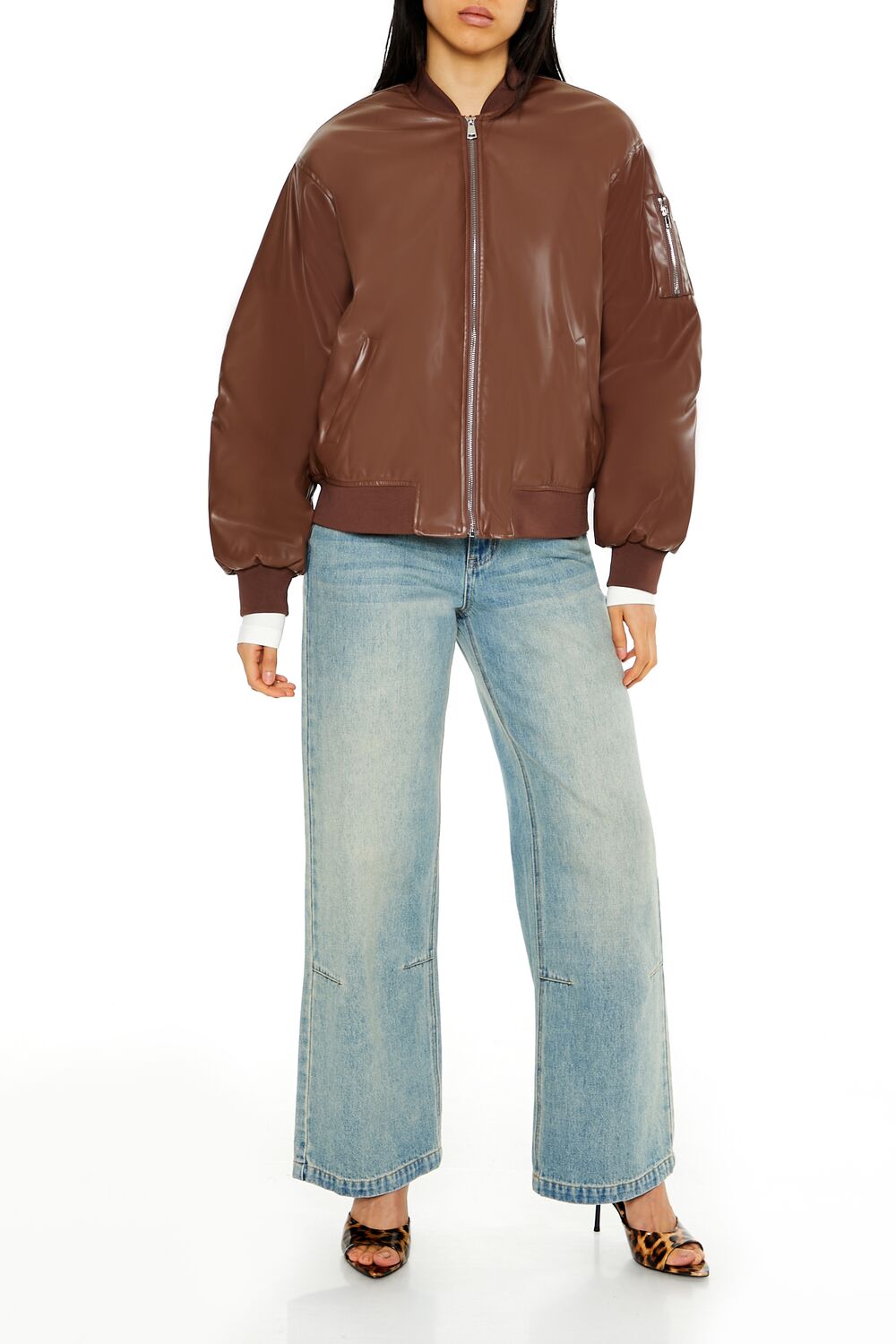 Faux Leather Utility Bomber Jacket