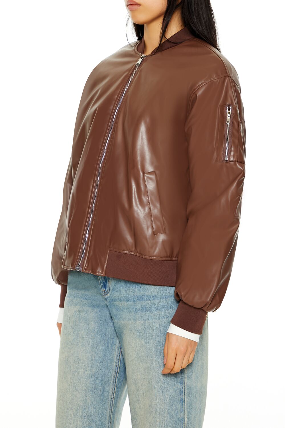 Faux Leather Utility Bomber Jacket