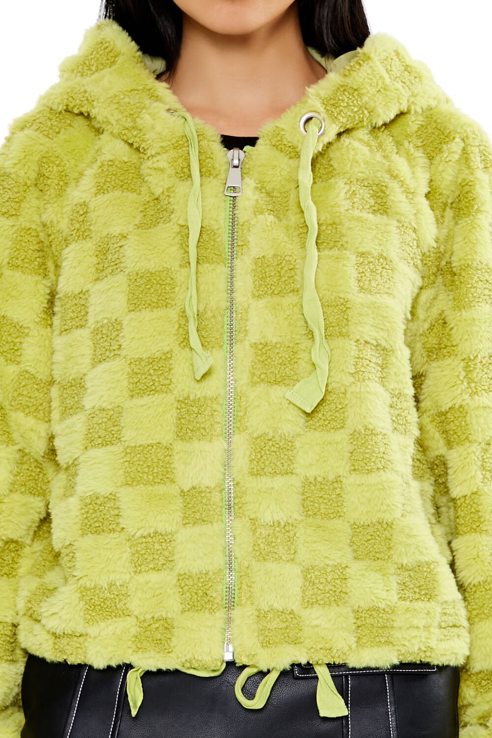 Checkered Faux Shearling Zip-Up Hoodie