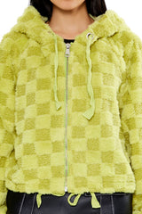 Checkered Faux Shearling Zip-Up Hoodie
