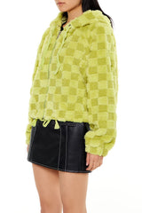 Checkered Faux Shearling Zip-Up Hoodie