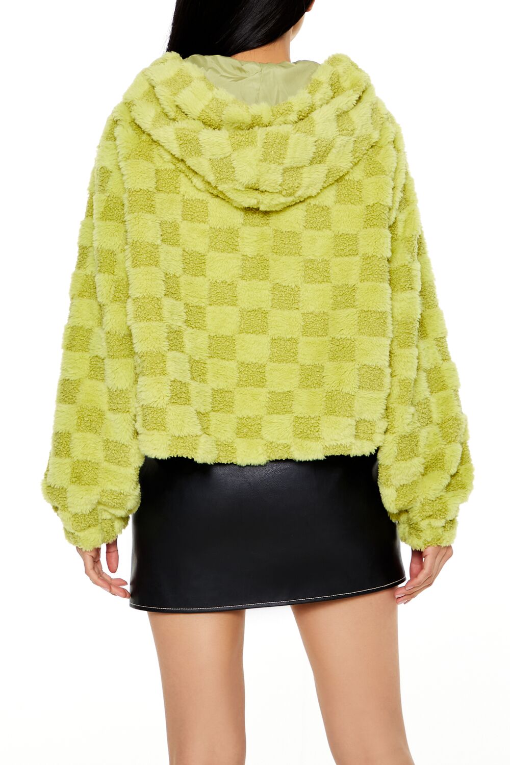 Checkered Faux Shearling Zip-Up Hoodie