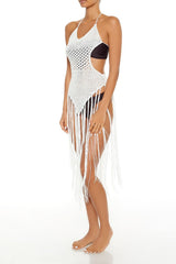 Crochet Tie-Back Fringe Swim Cover-Up Midi Dress