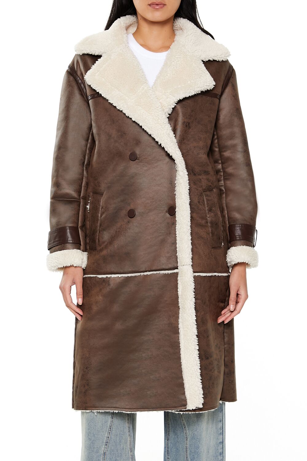 Faux Shearling-Trim Trench Coat