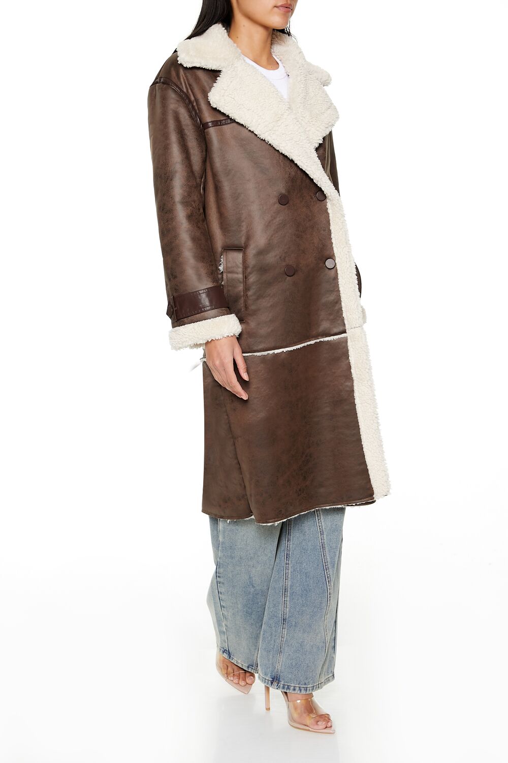 Faux Shearling-Trim Trench Coat