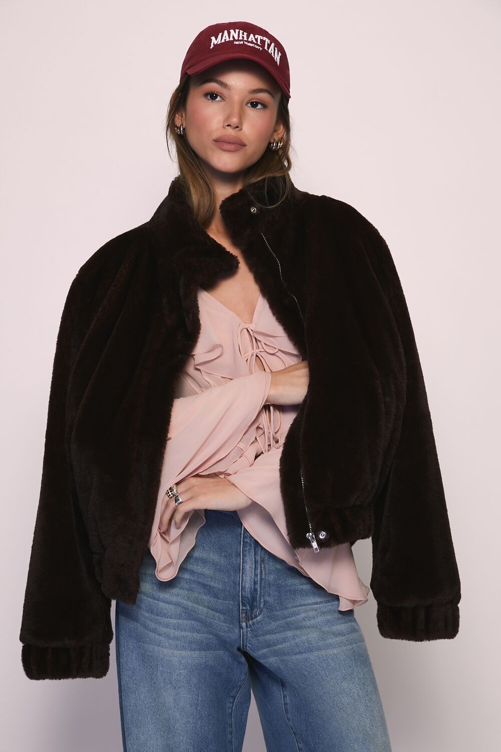 Faux Fur Funnel-Neck Bomber Jacket