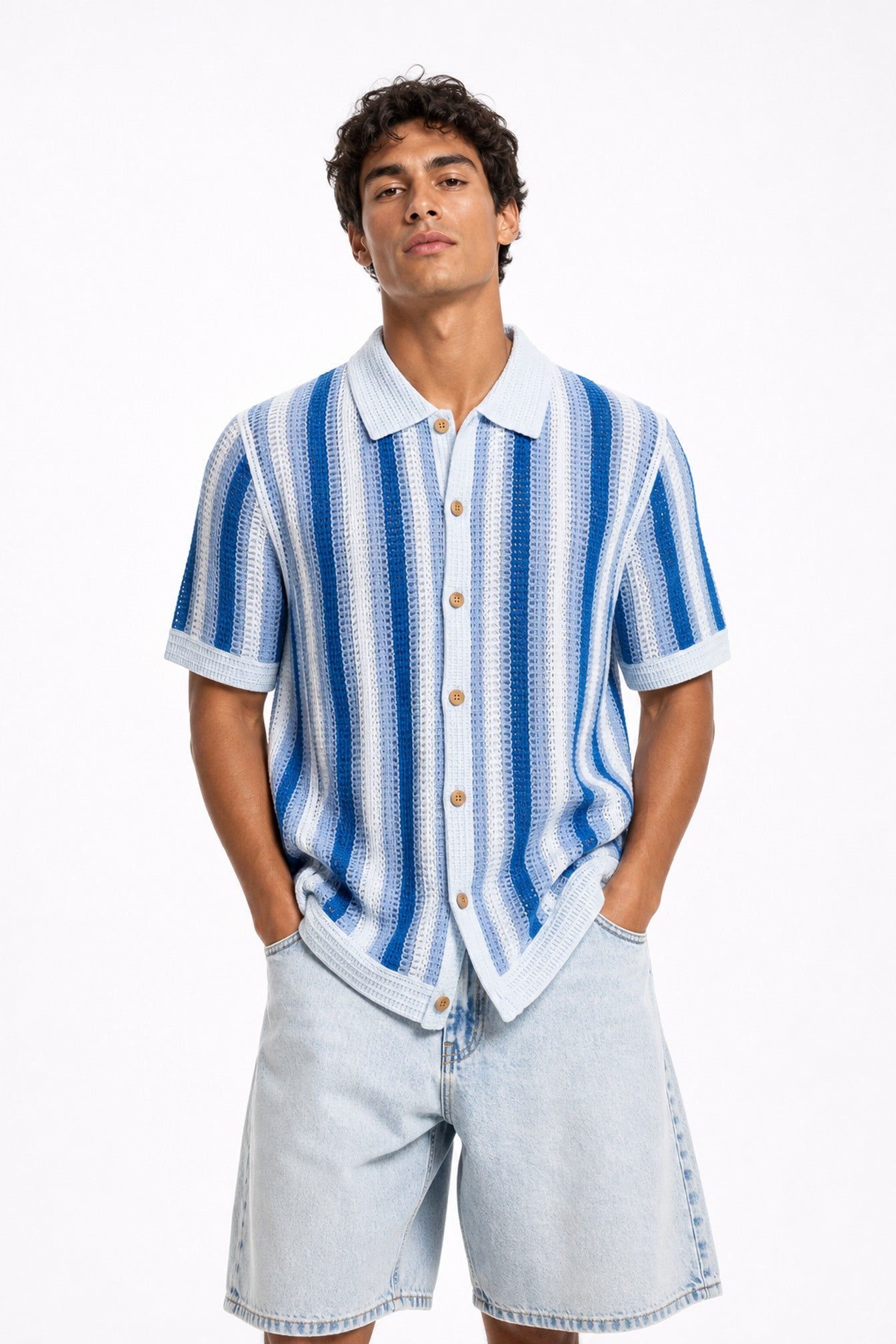 Striped Open Knit Button Down Shirt