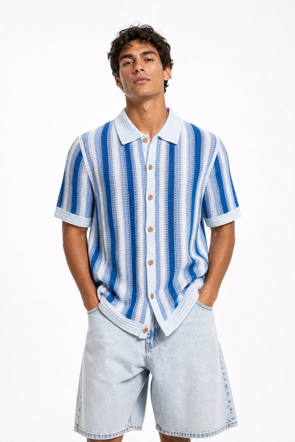 Striped Open Knit Button Down Shirt