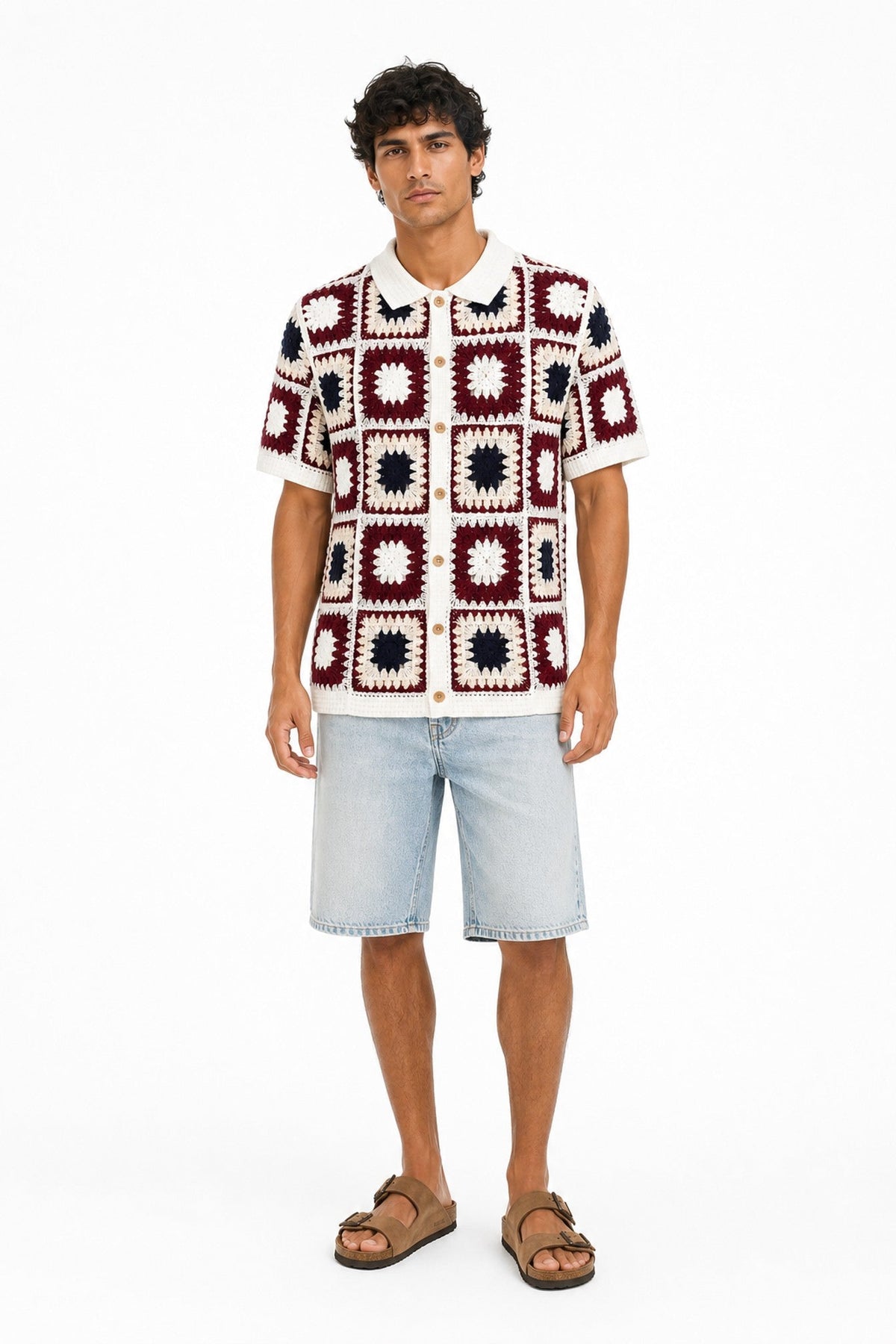 Crochet Short Sleeve Button Down Shirt