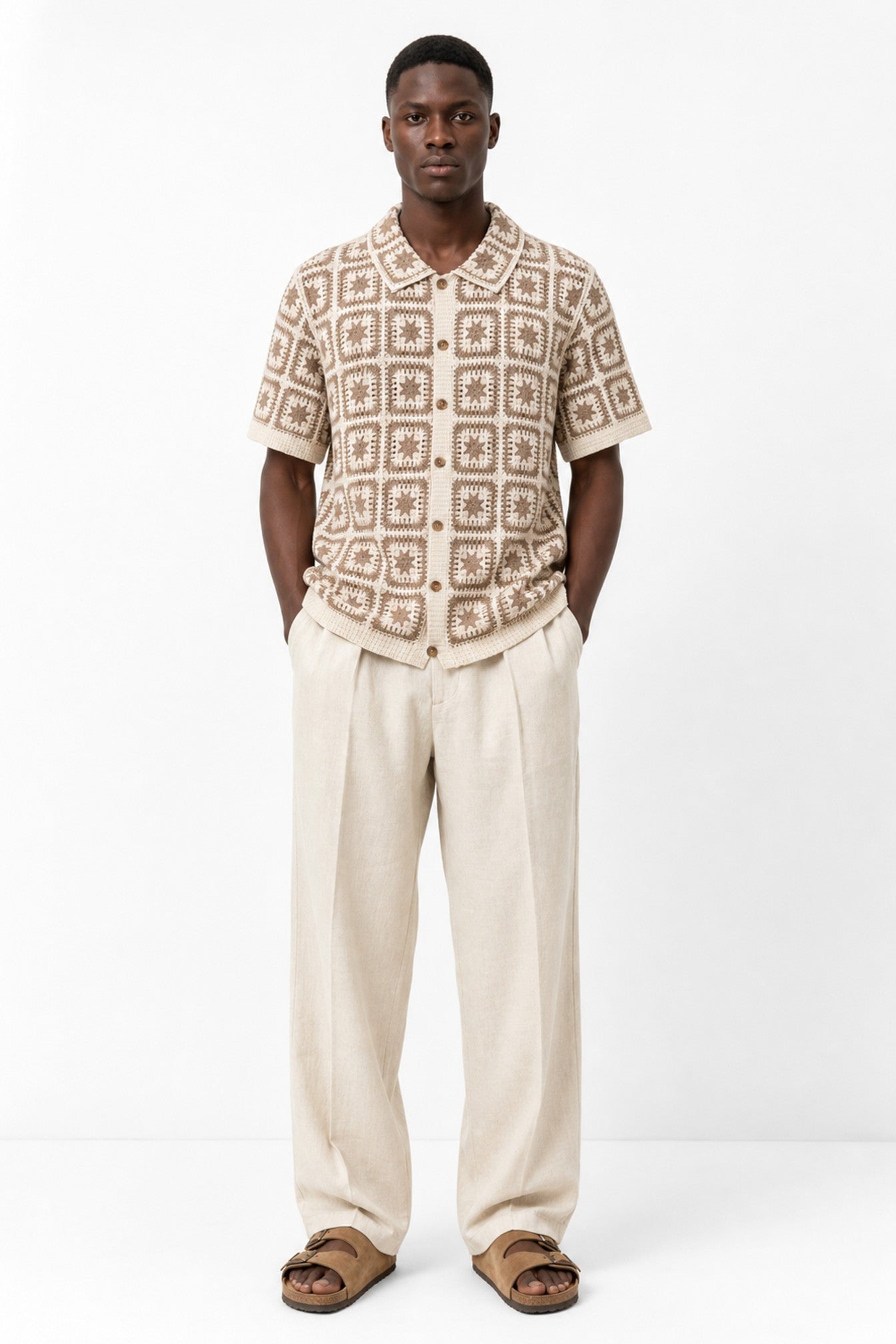 Crochet Short Sleeve Button Down Shirt