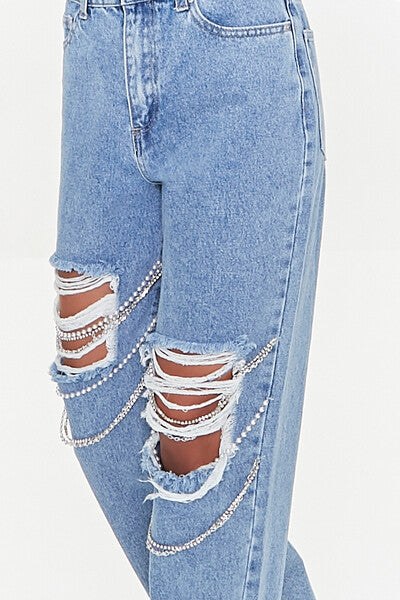 Distressed Chain Straight-Leg Jeans