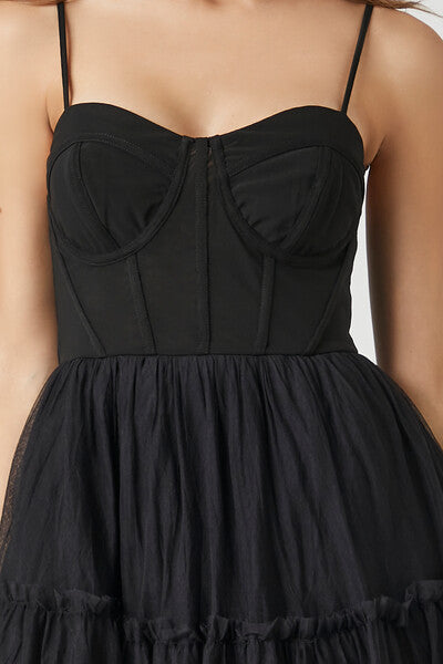 Tulle Ruffled Bustier Midi Dress