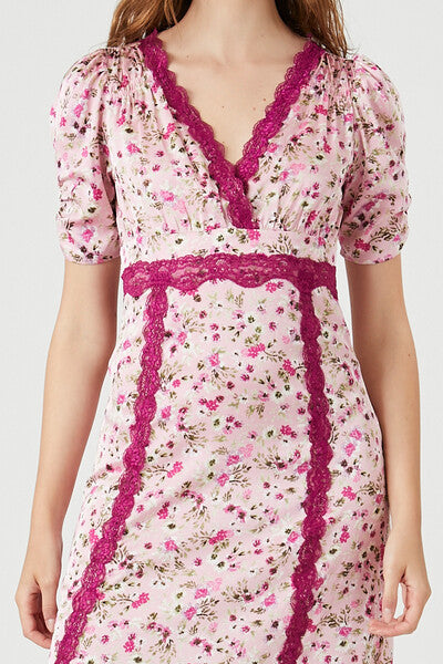 Lace-Trim Floral Midi Dress