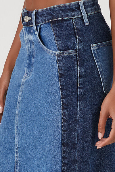 Colorblock Denim Midi Skirt