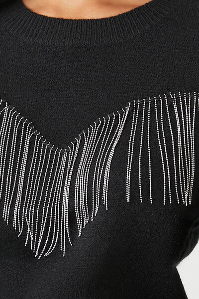 Rhinestone Fringe-Trim Sweater