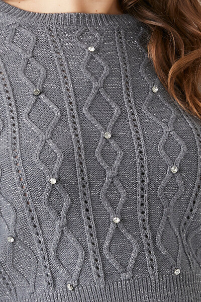 Plus Size Rhinestone Cable Knit Sweater