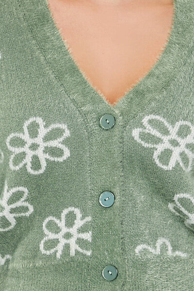 Floral Print Fuzzy Cardigan Sweater