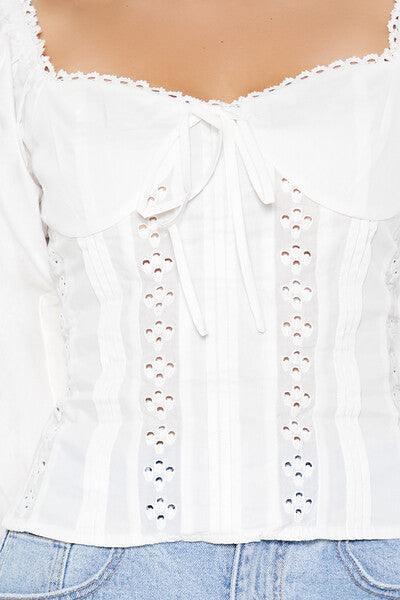Poplin Eyelet Peasant-Sleeve Top