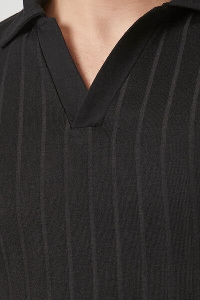 Ribbed Split-Neck Polo Shirt