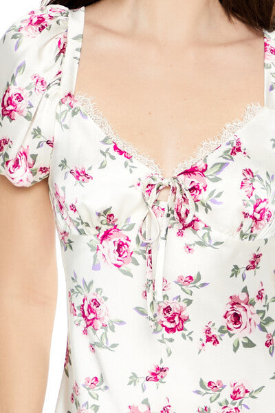Satin Rose Puff-Sleeve Mini Dress