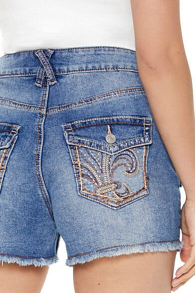 Frayed Embroidered Denim Shorts