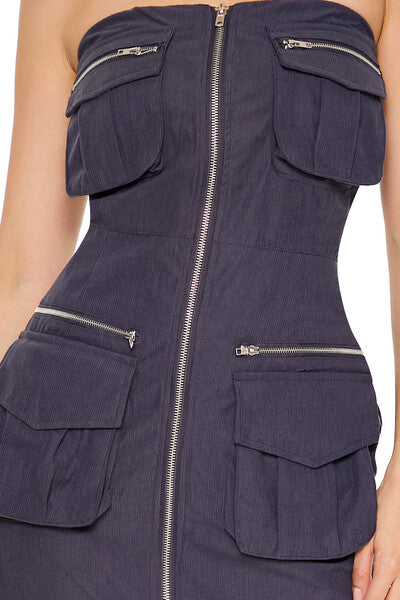 Strapless Zip-Up Cargo Midi Dress